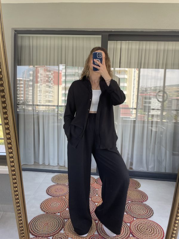 Keten Düğme Detay İkili Takım Siyah