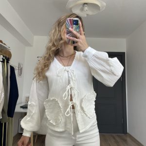 Kalpli Bağlamalı Müslin Gömlek Beyaz