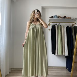 Organik Pamuk Askılı Maxi Elbise Haki